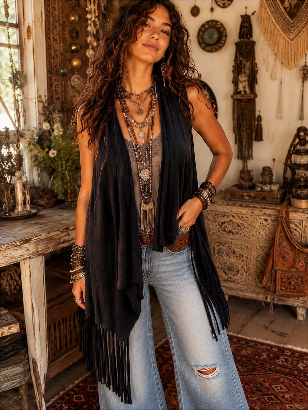 Black Fringe Boho‎ Duster Vest – Size S